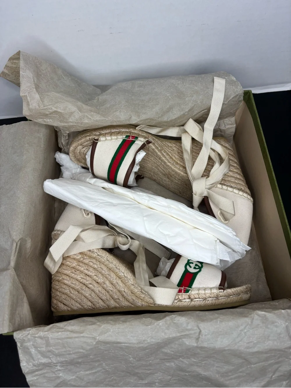 Gucci Cream Canvas Espadrille Wedges with Green and Red Stripe